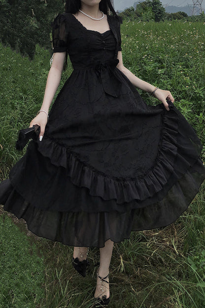 French Print Multi-layer Ruffled Short Sleeve Classic Lolita Dress