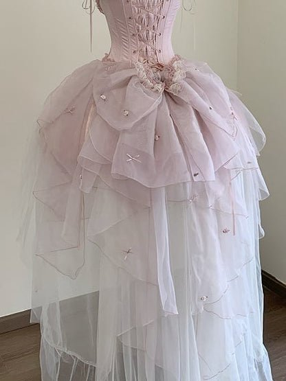 [pre-order Deadline: May 13] Pink Ballet Lolita Lace Ribbon Bustier Corset Top + Pull-up Tulle Tiered Skirt Set + Back Ribbon Train