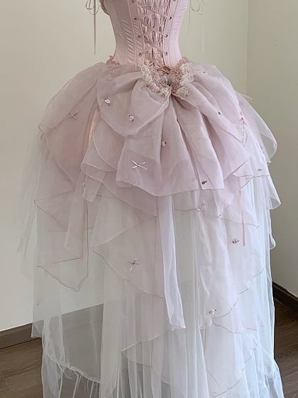 [pre-order Deadline: May 13] Pink Ballet Lolita Lace Ribbon Bustier Corset Top + Pull-up Tulle Tiered Skirt Set + Back Ribbon Train