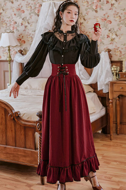Wine Palace Style Ruffled Stripe Print High Waisted Classic Lolita Dress Skirt