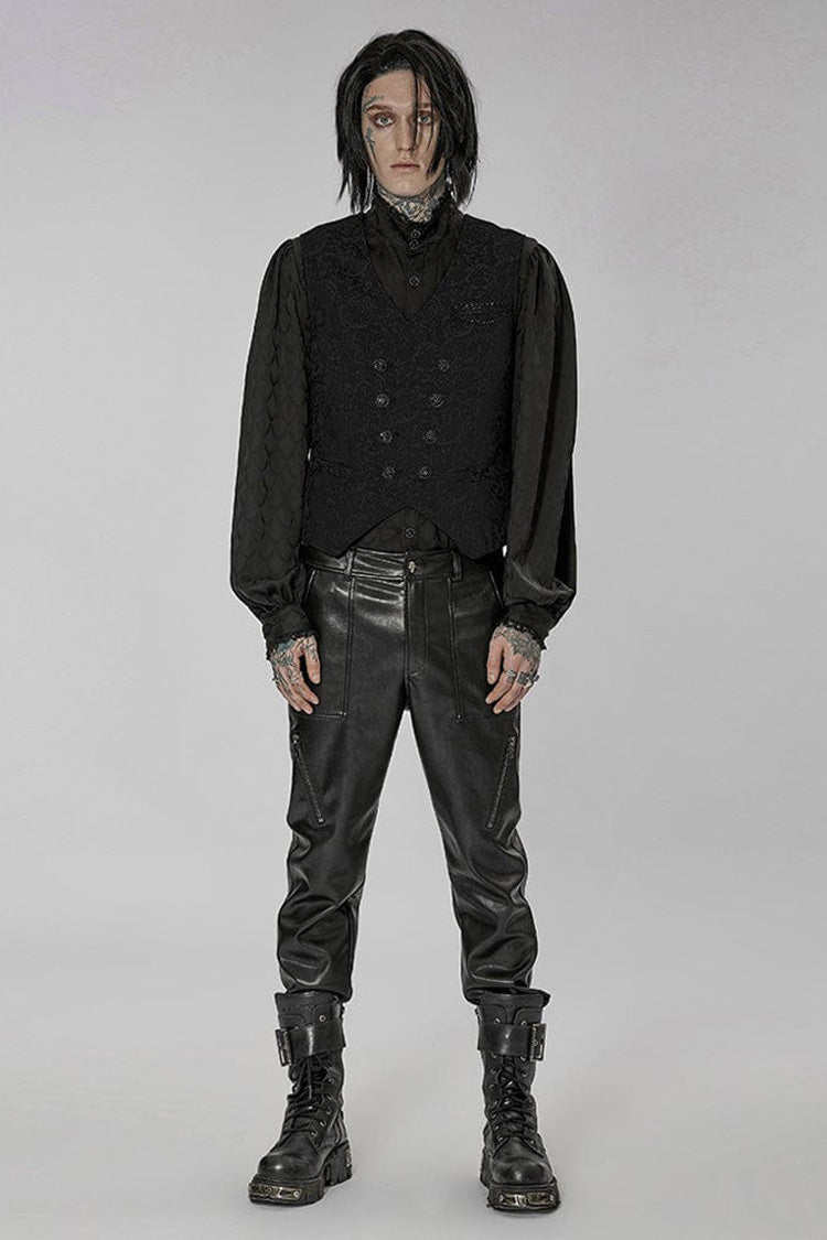 Black Punk V Neck Asymmetrical Relief Sculpture Jacquard Double Row Hand Seam Button Vest