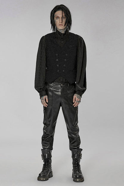 Black Punk V Neck Asymmetrical Relief Sculpture Jacquard Double Row Hand Seam Button Vest