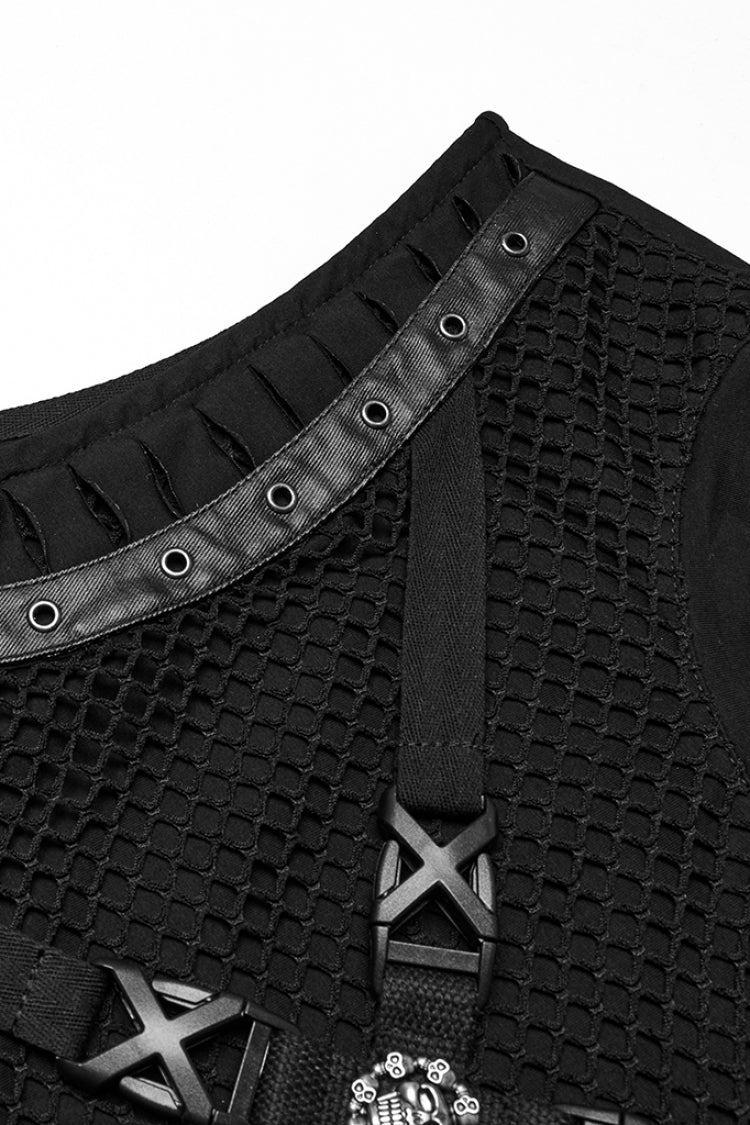 Black Round Collar Sleeveless Stitching Mesh Buckle Punk Vest