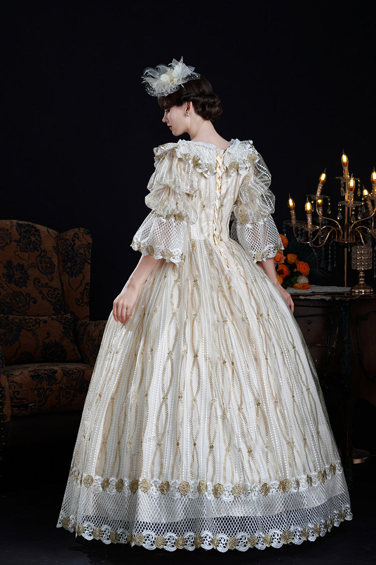 Champagne Long Puff Sleeves Ruffled Cut-out Mesh Classic Palace Lolita Victorian Dress