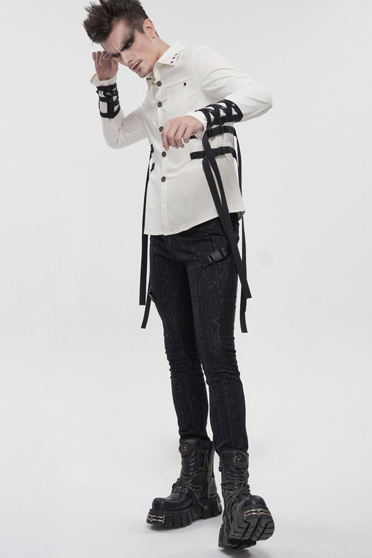 White Punk Nylon Strap Metal Buckle Decoration Long Sleeve Elasticity Thick Shirt