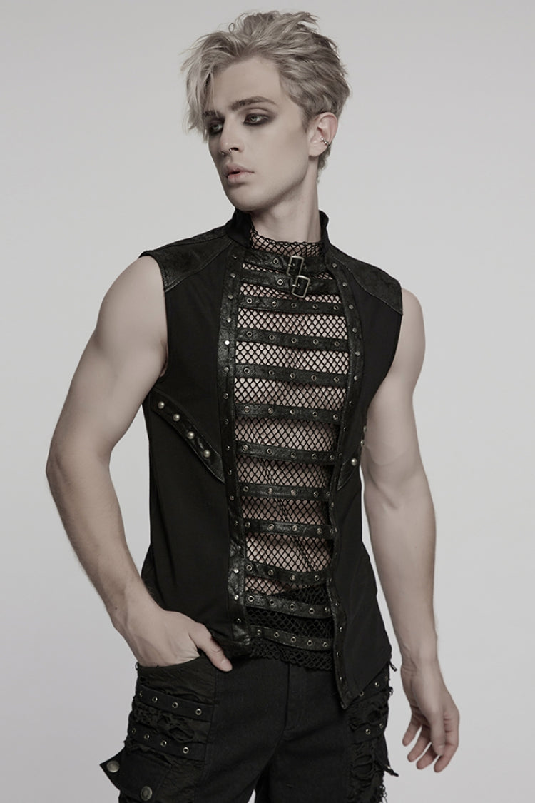 Black Sleeveless Stitching Mesh Eyelet Straps Punk Vest