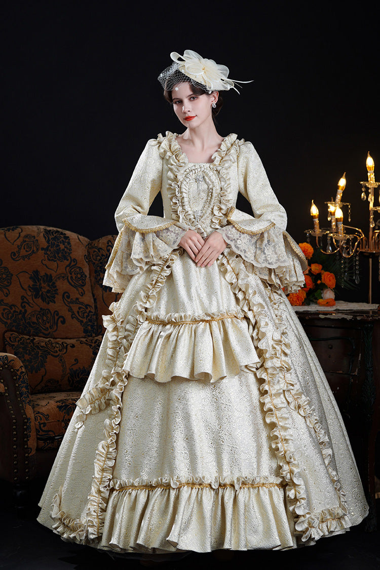 Champagne Square Collar Long Trumpet Sleeves Double-layered Ruffled Open-front Classic Palace Lolita Victorian Dress