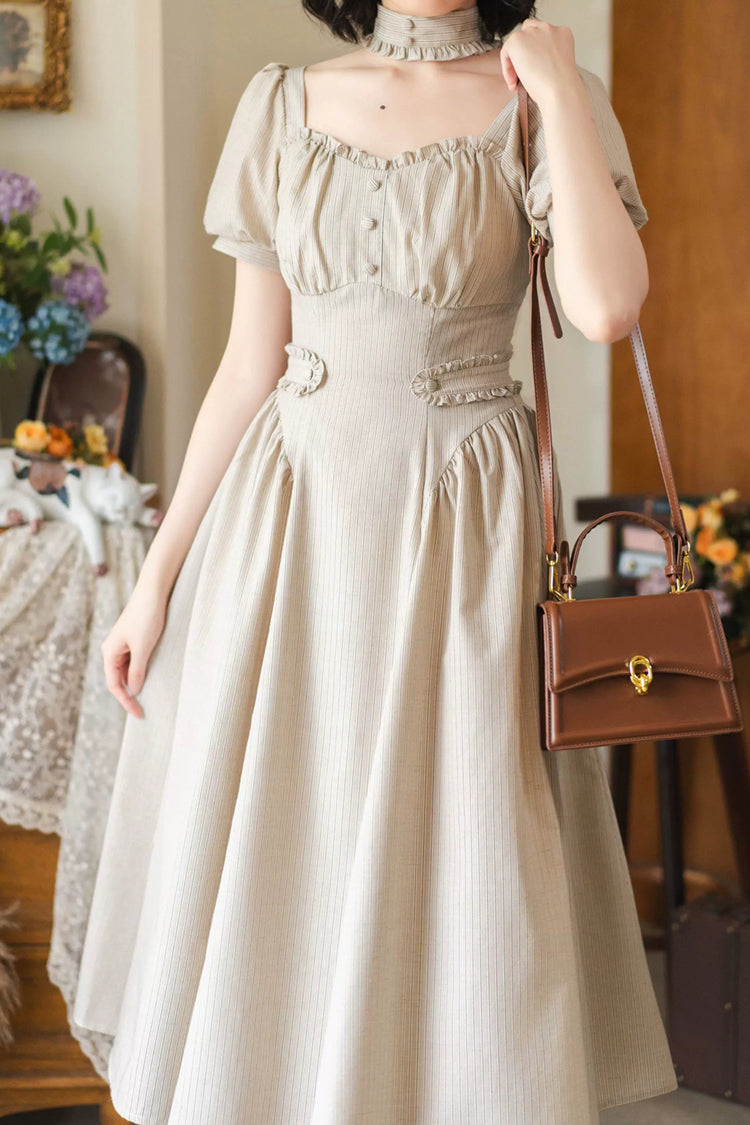 Light Khaki [chantilly Forest] Square Collar Short Sleeves Striped Printed Ruffled Classic Lolita Dress