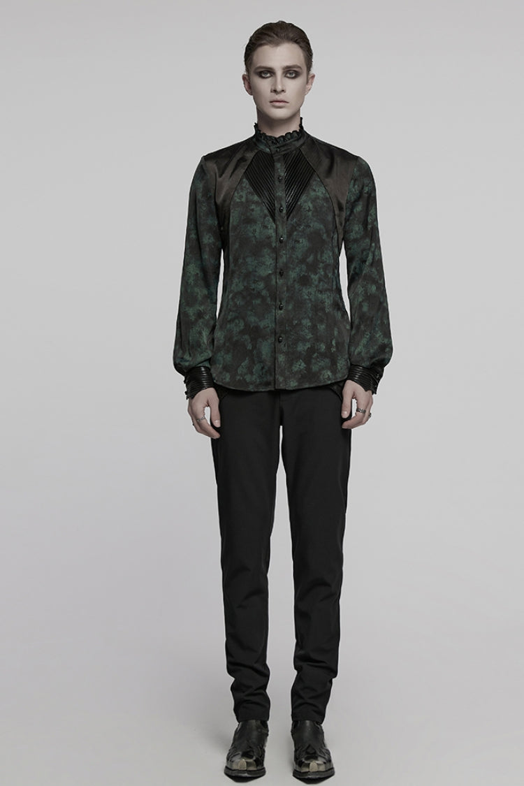 Black/green Stand Collar Long Sleeves Ruffle Pleated Gothic Blouse