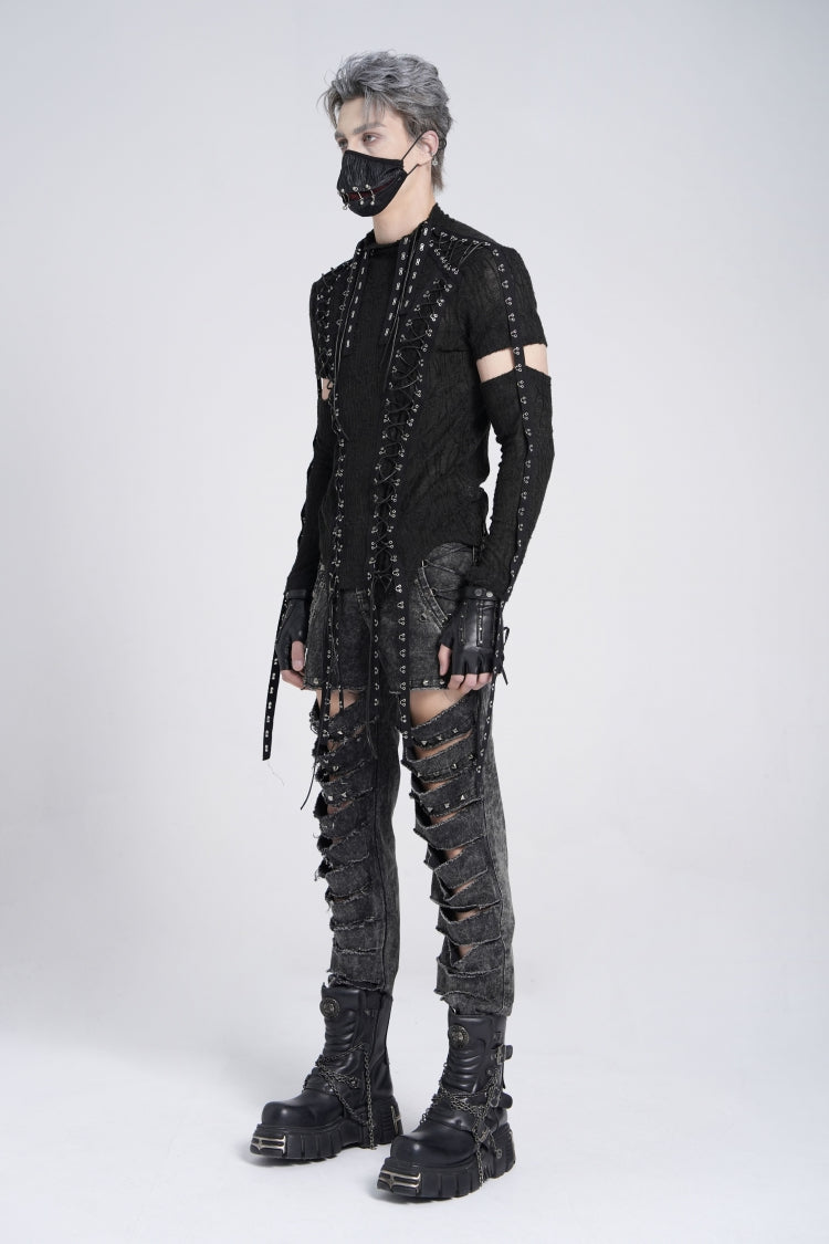 Black Long Sleeves Strap Lace-up Irregular Mesh Gothic T-shirt