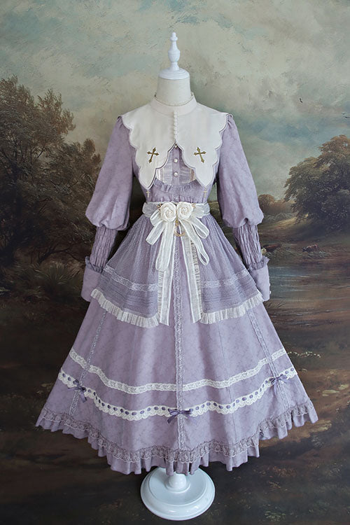 Purple Cross Dark Church Lace Long Sleeves Ruffled Classic Lolita Op Dress
