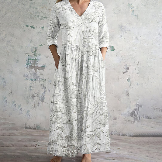Comstylish Vintage Floral Embroidery Women's Linen Dress