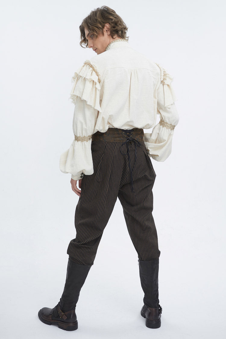 Beige Stand Collar Lantern Sleeves Multi-layer Ruffle Gothic Blouse