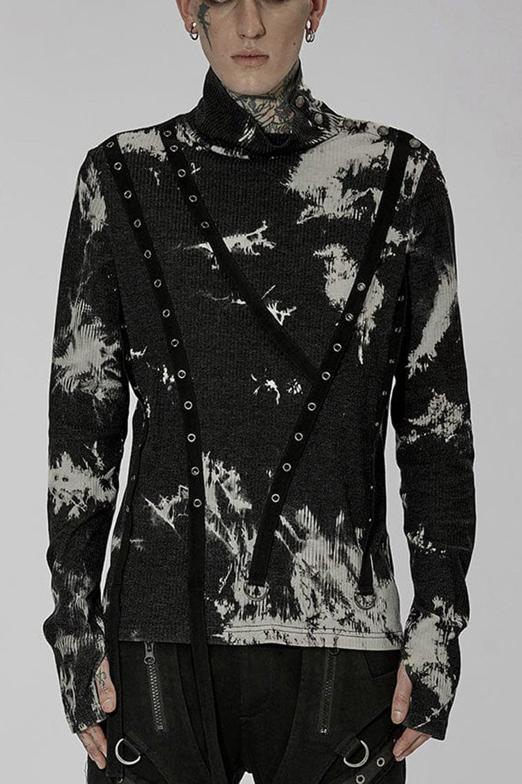 Black/white Punk Asymmetric Metal Buckle Side Button Tie Dye High Neck Basic Long Sleeve Shirt