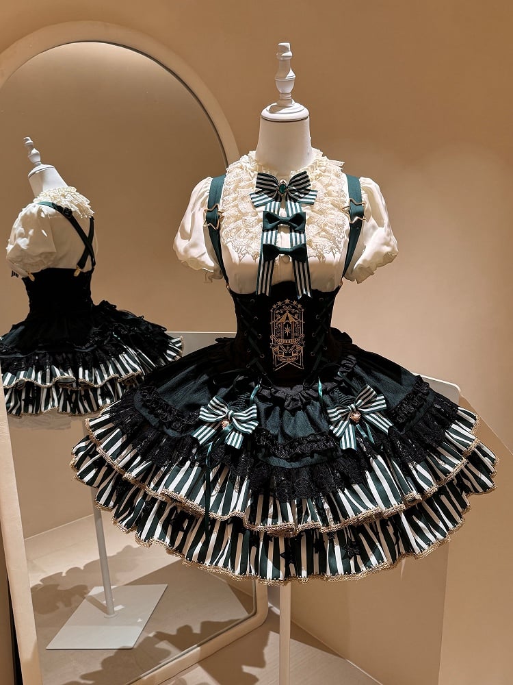 [pre-order Deadline: May 20] Magical Girl Lolita Lace Puff Sleeve Shirt + Black X Green Ribbon Corset Tiered Dress + Mini Hat