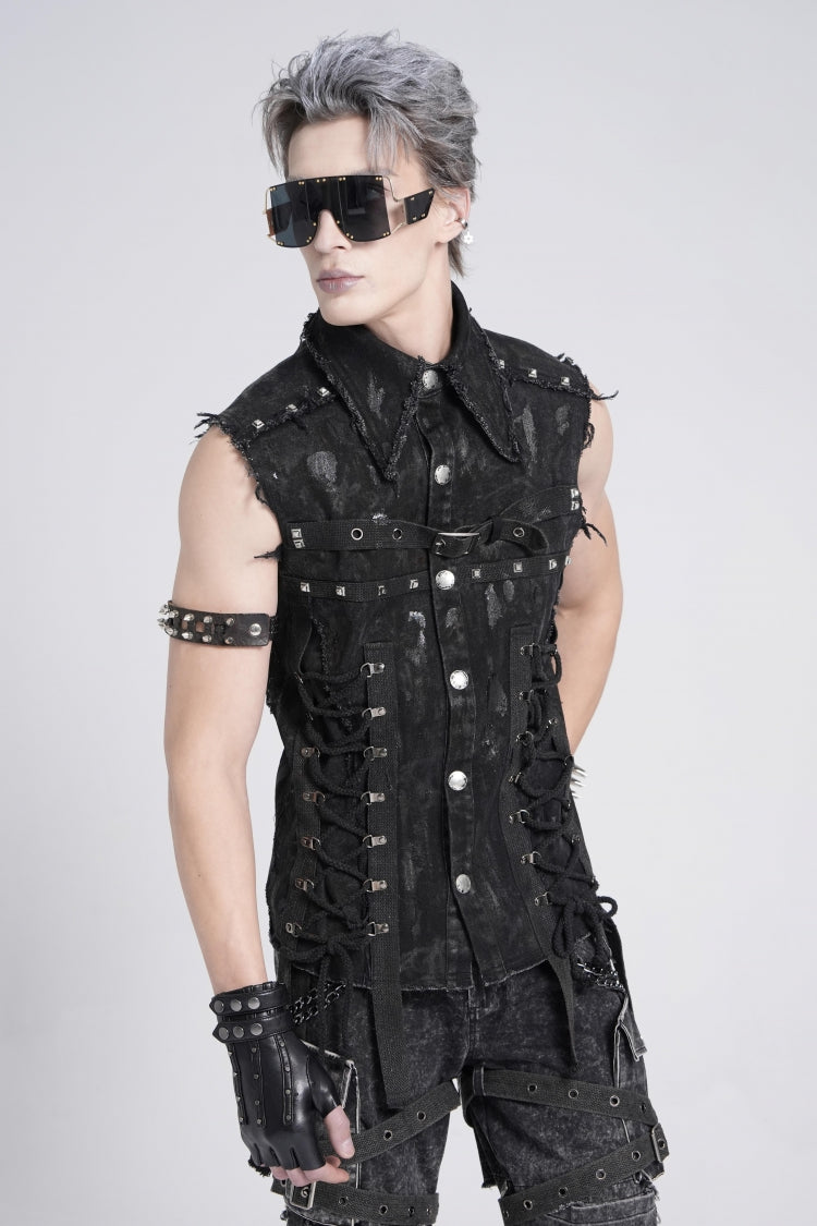 Black Sleeveless Studded Lace-up Gothic Distressed Vest