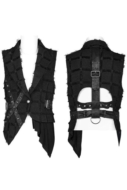 Black Gothic Asymmetrical Decadence Hairy Flu Back Cutout Design Leather Strip Metal Rivets Vest
