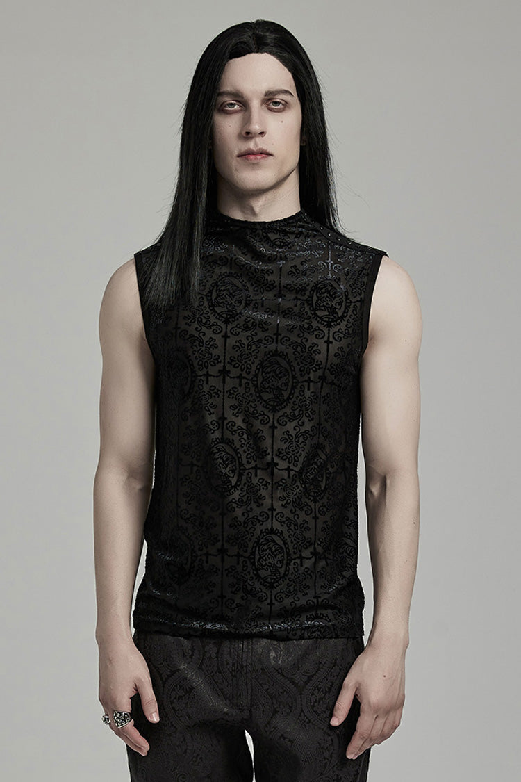 Black Sleeveless Beaded Cross Flocking Print Gothic Tank Top