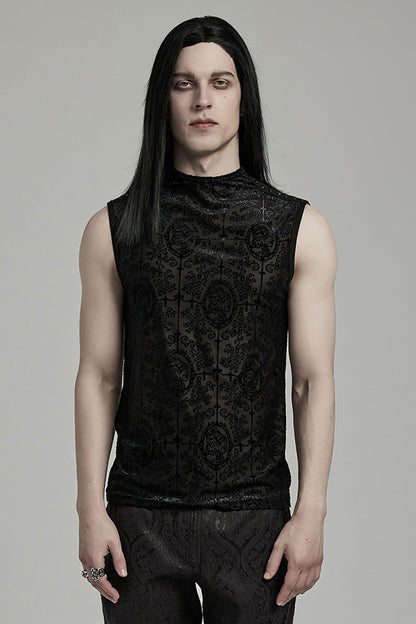 Black Sleeveless Beaded Cross Flocking Print Gothic Tank Top
