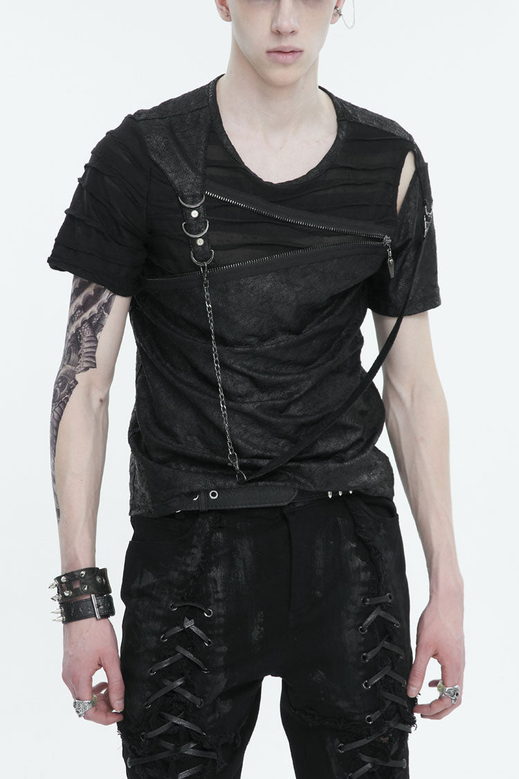 Black Left Off Shoulder Chest Zipper Embellished Punk Short Sleeve