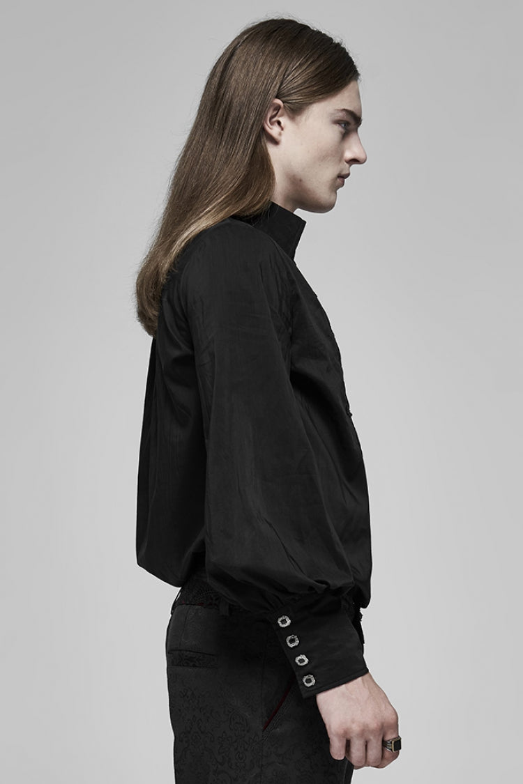 Black V Collar Long Puff Sleeves Hollow Lace-up Gothic Blouse