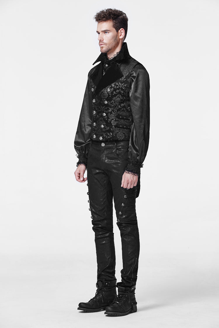 Black Double-breasted Swallowtail Hem Print Gothic Vest