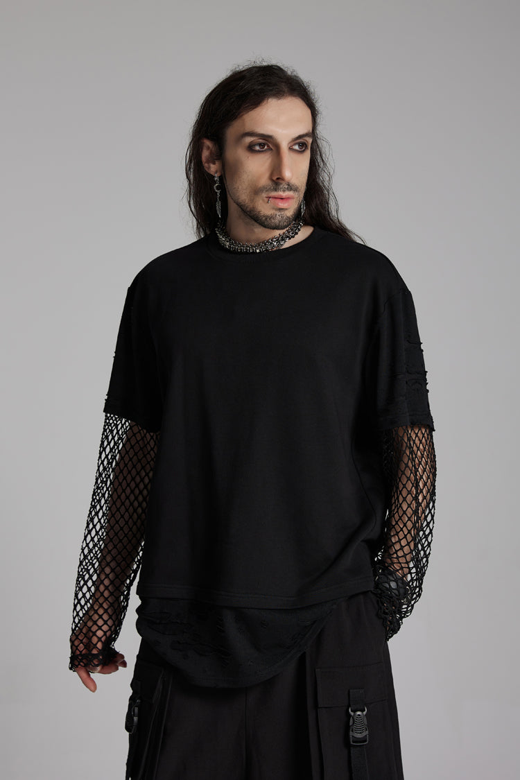 Black Round Collar Long Sleeves Mesh Ripped Punk T-shirt