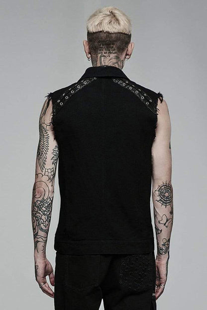 Black Punk Elastic Twill Fabric Featured Flap Pocket Metal Accessories Sleeveless Vest