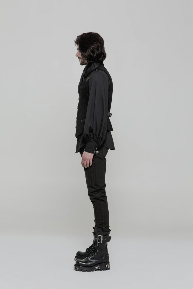 Black Sleeveless Print Stitching Metal Button Steampunk Vest