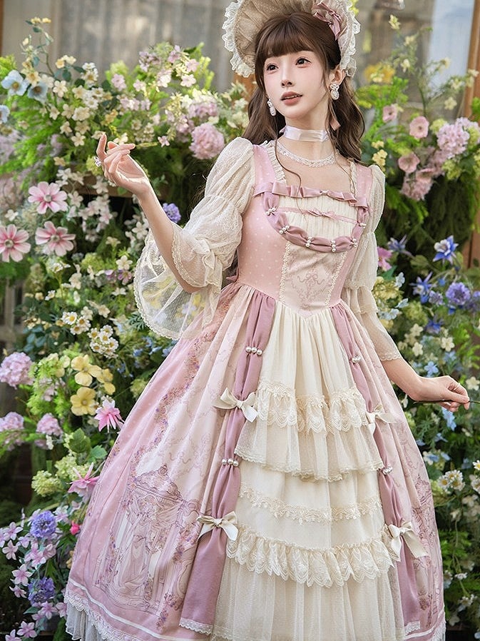 [pre-order Deadline: April 26] Rococo Antique Lace Tiered Ribbon Pink Lolita Dress + Bonnet