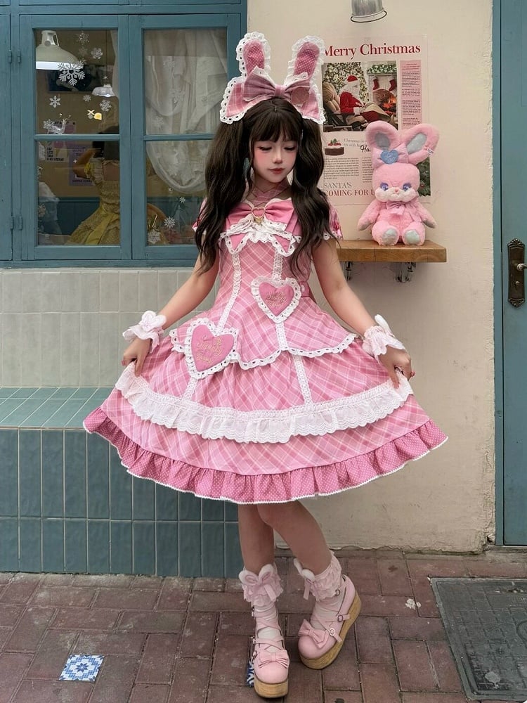 [pre-order Deadline: May 10] Blue/yellow/pink Sweetheart Lolita Ribbon Puff Sleeve Tiered Dress + Bunny Ear Full Set + Cat Ear Full Set