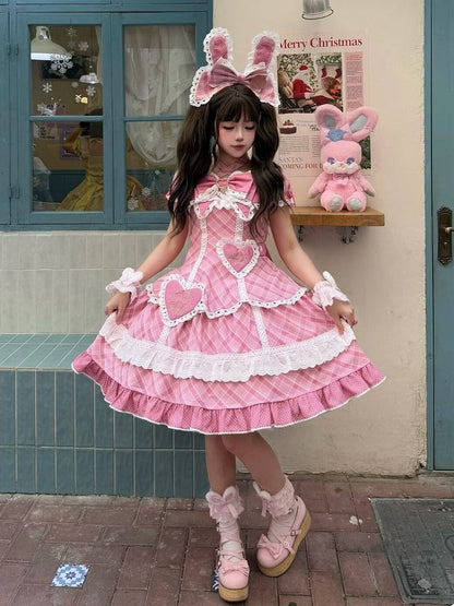[pre-order Deadline: May 10] Blue/yellow/pink Sweetheart Lolita Ribbon Puff Sleeve Tiered Dress + Bunny Ear Full Set + Cat Ear Full Set