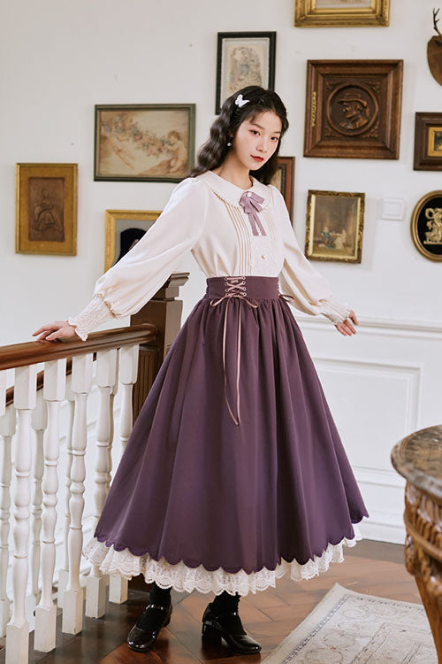 Color High Waisted Lace Wave Hem Two Pieces Classic Lolita Dress