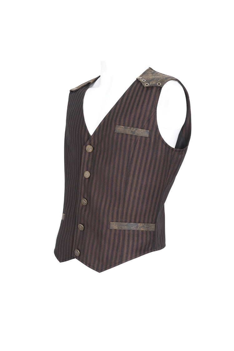 Brown Striped V Collar Stitching Slim Gothic Vest
