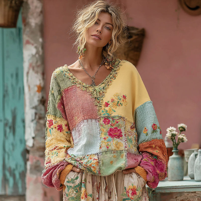 Women's Flower Embroidery Macaroon Color Patchwork Art V-neck Casual Sweatshirt elevenforest