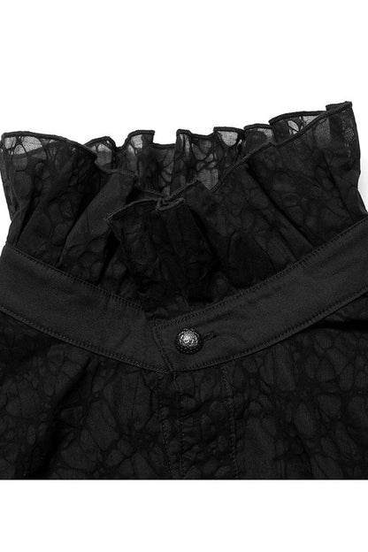 Black Gothic Long Sleeve Mesh Texture Fabric Lace Pleated Ruffle Tie Design Shirt