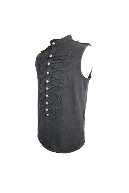 Black Military Uniform Style Chest Chinese Frog Button Sleeveless Punk T-shirt