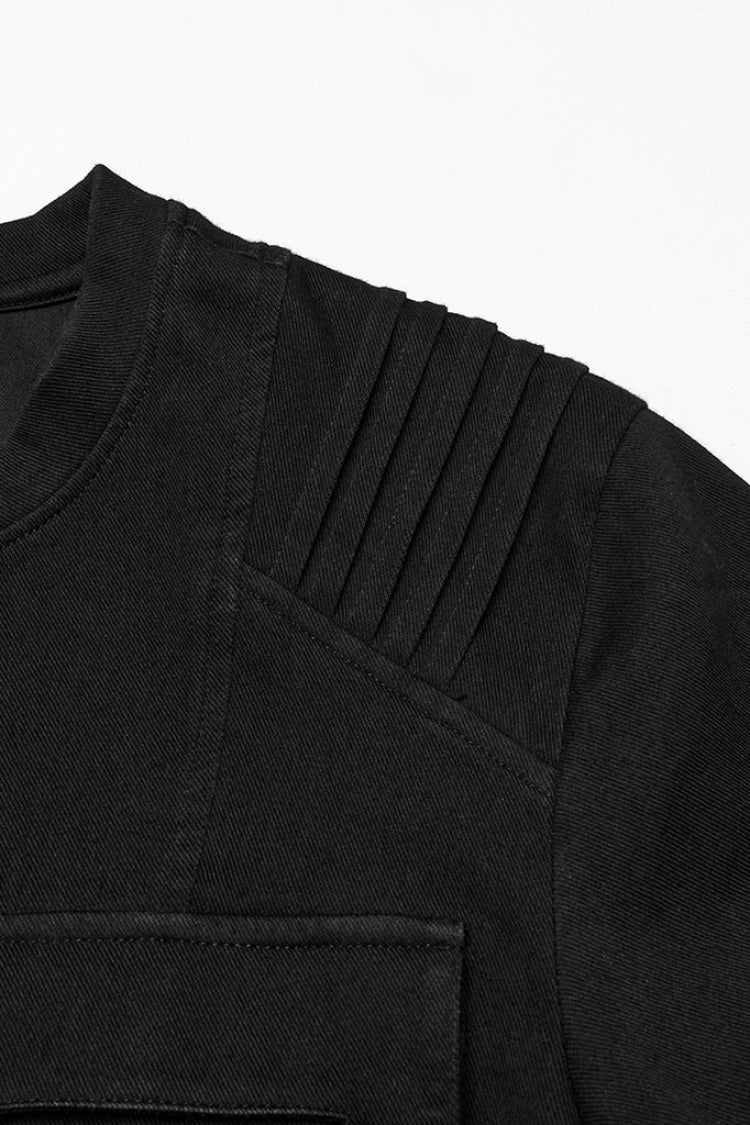 Black Round Collar Short Sleeves Pocket Denim Punk T-shirt