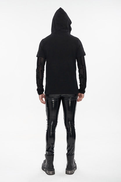 Black Paneled Mesh Long Sleeve Super High Collar Masked Circuit Diagram Printed Hooded Knitted Punk T-shirt