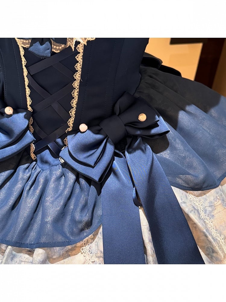 [pre-order Deadline: May 6] Dark Blue Moonlight Sea Lace Ribbon Layered Dress + Accessories