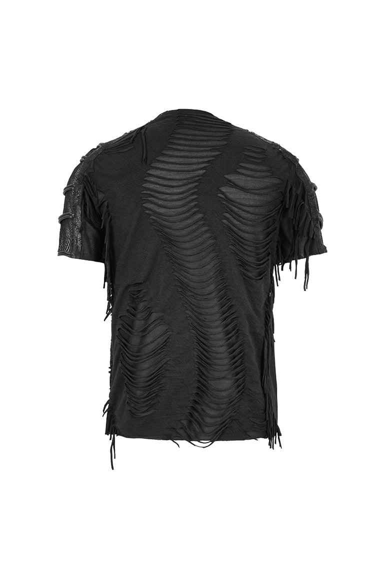 Black Tattered Striped Shoulder Splice Mesh Short Sleeve Punk T-shirt