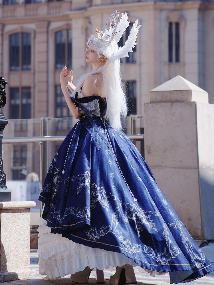 [pre-order Deadline: May 3] Dark Blue White Corset Lace Ribbon Lolita Jsk Princess Dress + Complete Set