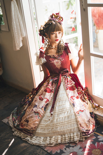 Red [kaleidoscope of Dreams] Flying Sleeves Print Embroidery Cardigan Bowknot Classic Lolita Dress