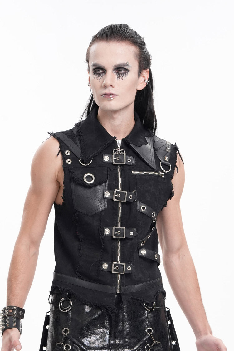 Black Lapel Collar Sleeveless Ripped Buckle Eyelets Gothic Vest