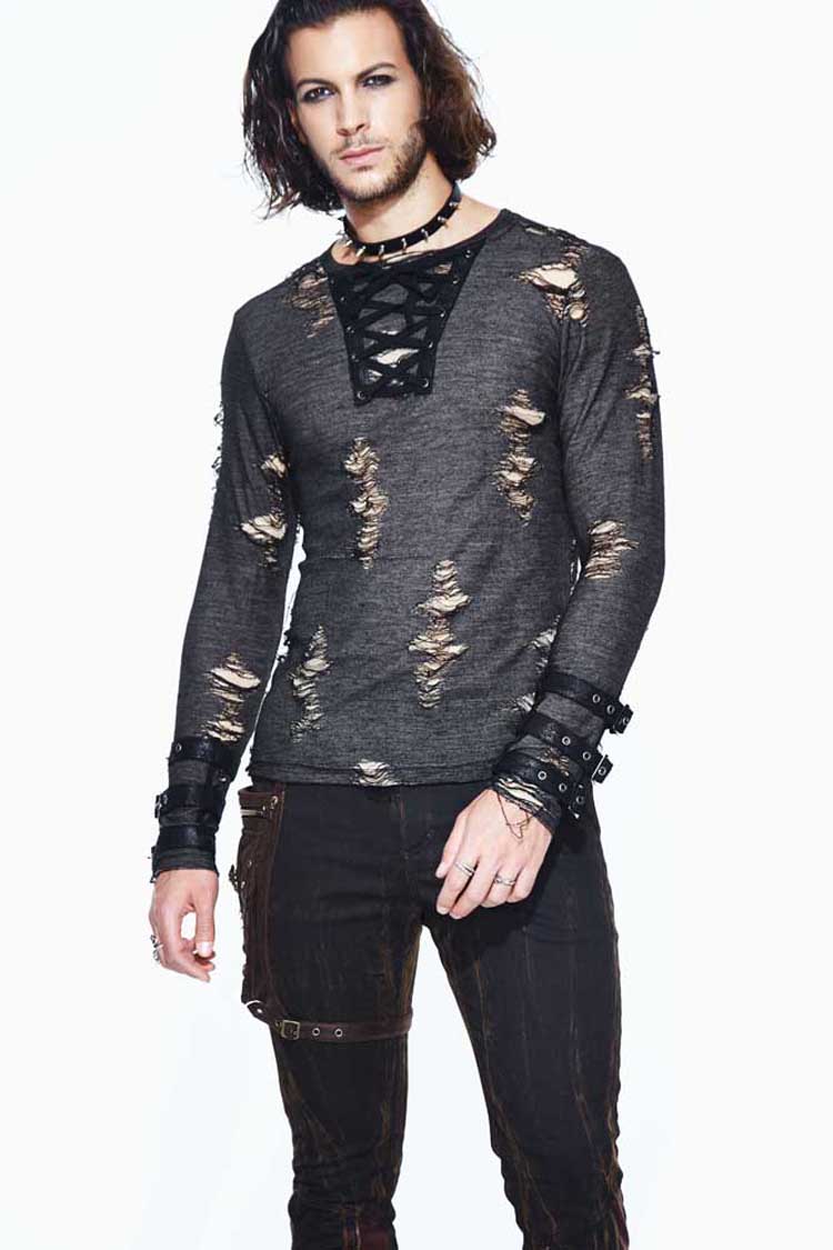 Black Long Sleeves Broken Holes Chest Lace Up Loop Cuff Punk Shirt