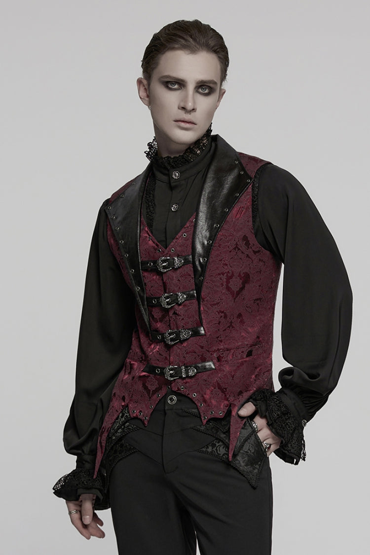 Black/red Lapel V-neck Sleeveless Jacquard Buckle Gothic Vest