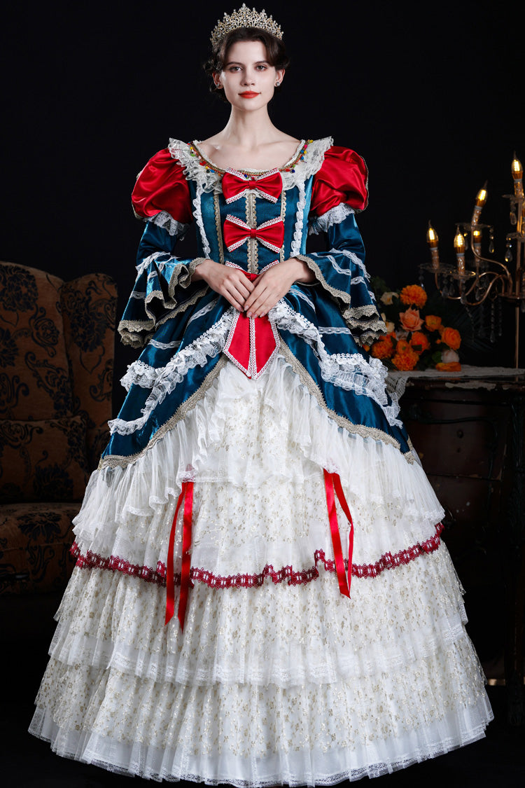 Blue/ivory Round Collar Long Hime Sleeves Triple-layered Ruffled Open-front Bow Lace Classic Palace Lolita Victorian Dress