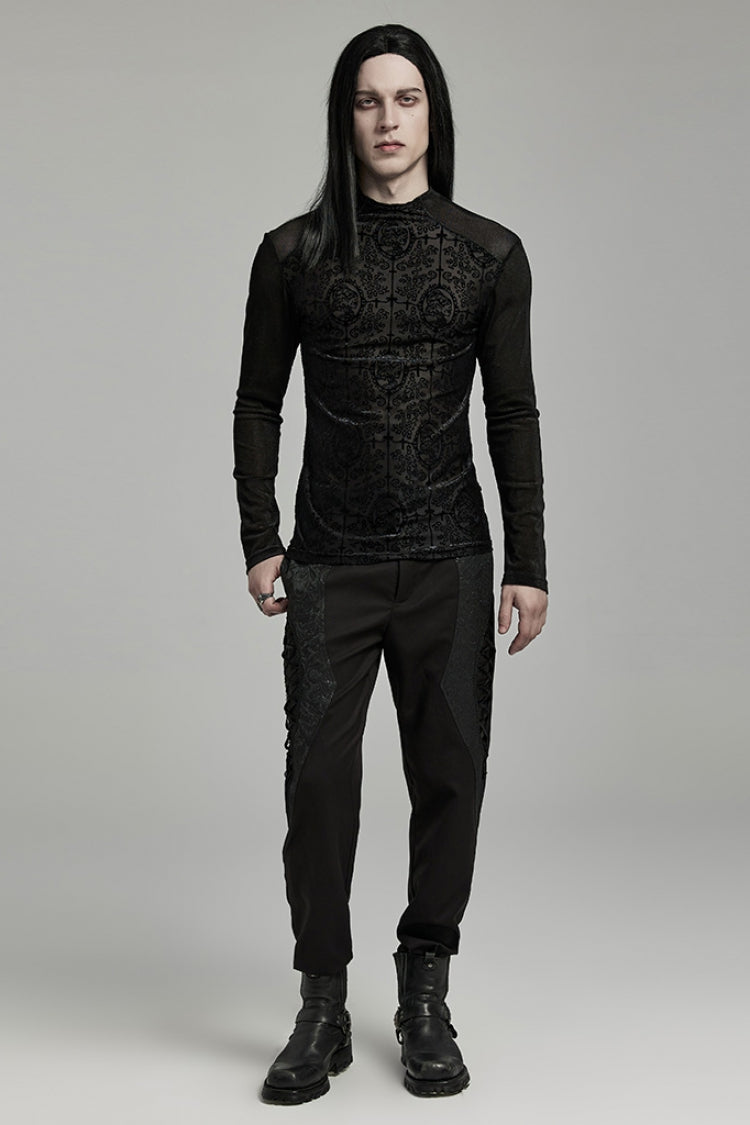 Black Stand Collar Long Sleeves Embroidery Cross Flocking Gothic Blouse