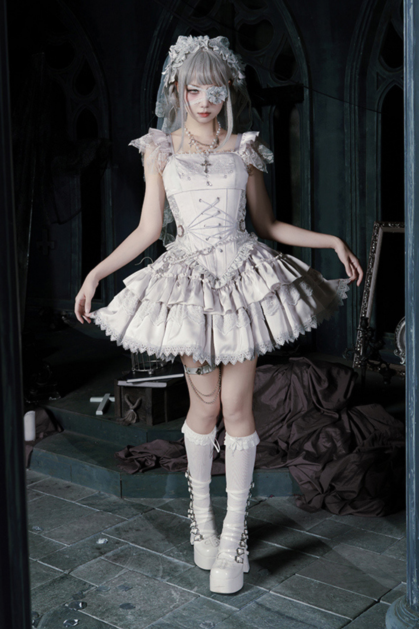 Gothic Lolita Skirt + Corset + Veil + Necklace + Waist Chain