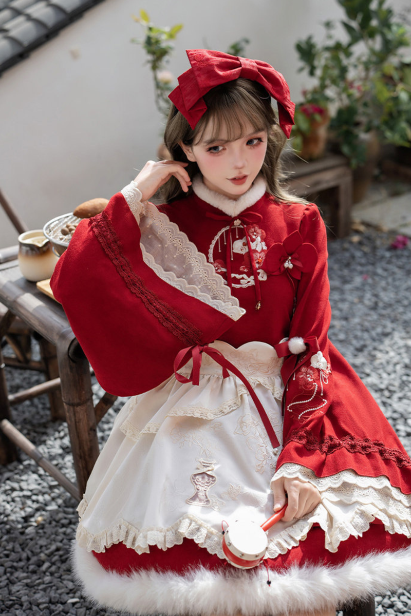 Chinese-style Big Sleeve Dress + Apron + Skirt + Leg Warmers + Hairband + Clip + Pin